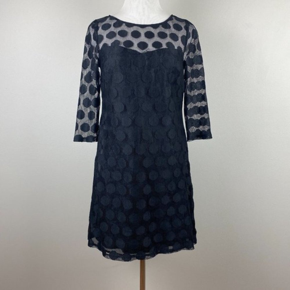 Betsey Johnson Mini Dress 4 Black Polka Dot Lace A-Line Sweetheart 3/4 Sleeve